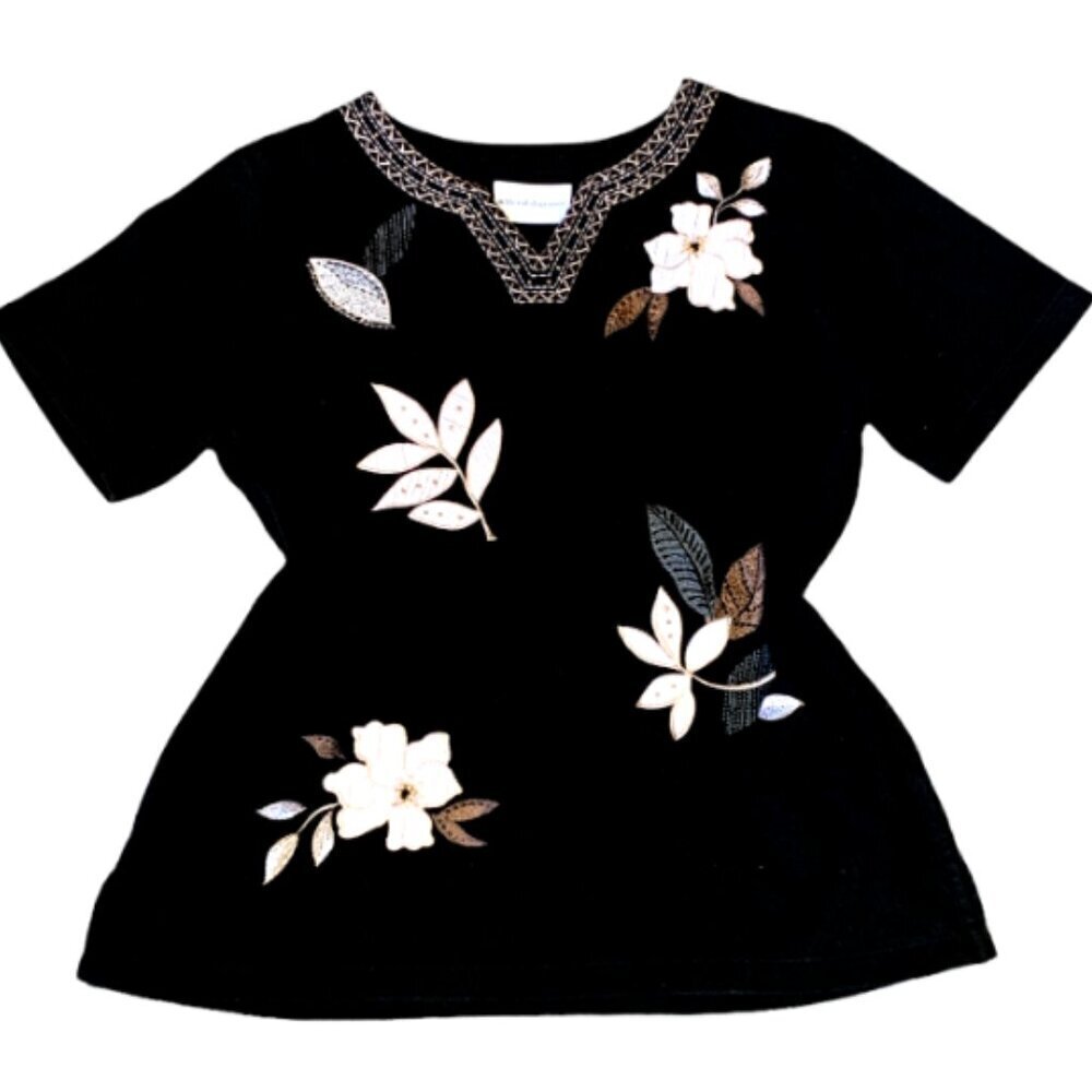 Alfred Dunner Embroidered Short Sleeve Tee Top Sz S Black #16E‎ - Picture 2 of 9